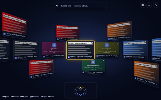 Tab Sphere :: Your open tabs on a 3D sphere. Live previews, instant search, and constellations that keep every tab visible.