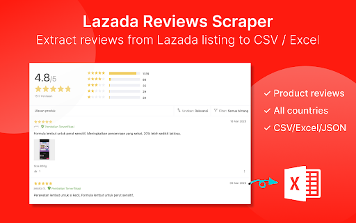 Lazada Reviews Scraper - Extract Reviews from Lazada™️ :: Scrape Lazada product listing reviews, download to CSV/Excel/JSON. Export comments, ratings and images.