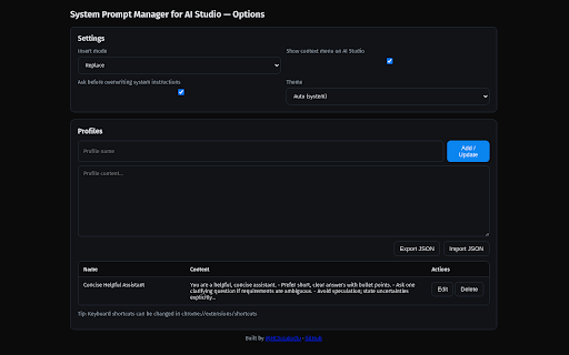 System Prompt Manager for AI Studio :: Save and quickly insert system message profiles on Google AI Studio.