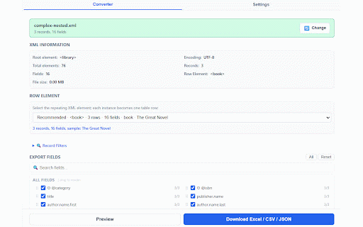 XML to Excel/CSV/JSON Converter Pro :: High-performance XML to Excel, CSV, and JSON converter with XPath fields, filters, and large file support.