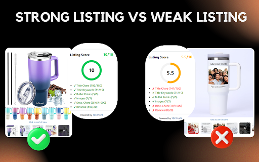 Amazon Listing Score Checker :: Rate Amazon listings out of 10 based on title, bullet points, and images using a colorful circular progress bar.