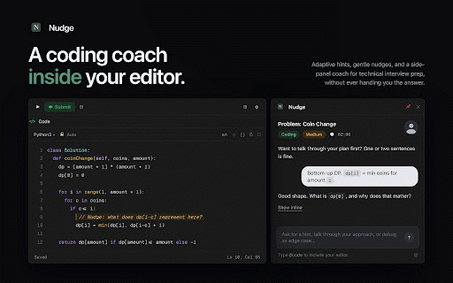 Nudge: LeetCode AI Interview Tutor :: AI-powered LeetCode tutor: adaptive hints, approach feedback, and interview coaching — built right into your editor.