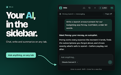 Vela AI Sidebar: GPT, Claude, Gemini, DeepSeek :: Your AI assistant in the Chrome sidebar. Chat, write, summarize pages and PDFs, translate and listen, on any tab.