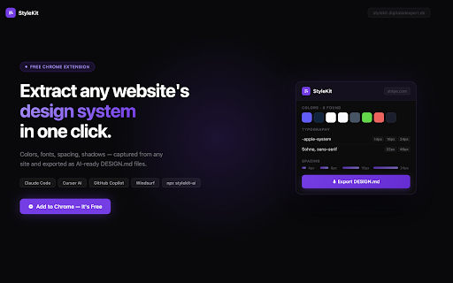 StyleKit :: Automatically extract design tokens (colors, typography, spacing, shadows, border-radius) from any website and export as DESIGN.md
