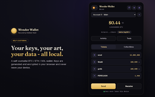 Wonder Wallet :: A self-custodial Bitcoin wallet for collectors. Your keys, your assets, and your data stay on your own device.