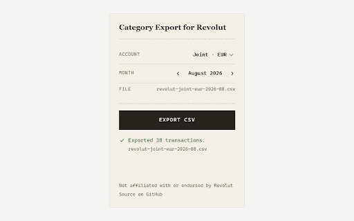 Category Export for Revolut :: Export your Revolut transactions to CSV with the category the official export omits. Not affiliated with or endorsed by Revolut.