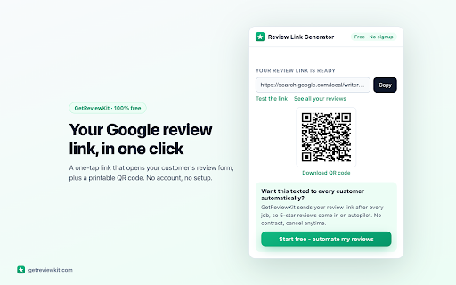 Google Review Link & QR Code Generator - GetReviewKit :: Create a one-tap Google review link and printable QR code for any business in seconds. Free, no signup. By GetReviewKit.