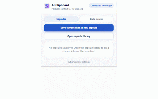 AI Clipboard :: Save, package, and transfer AI chat context locally with Markdown capsules, attachments, exports, and safer bulk delete.