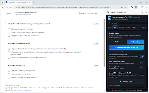 Coursera Assistant Pro :: Finish Coursera tasks faster with an AI side panel for quizzes, discussions, readings, transcripts, and study chat.