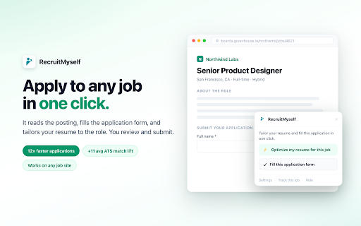 Job Application Autofill & AI Resume Tailor by RecruitMyself :: Read the job description on any job site, prefill the application form, and tailor your resume to the role in one click.