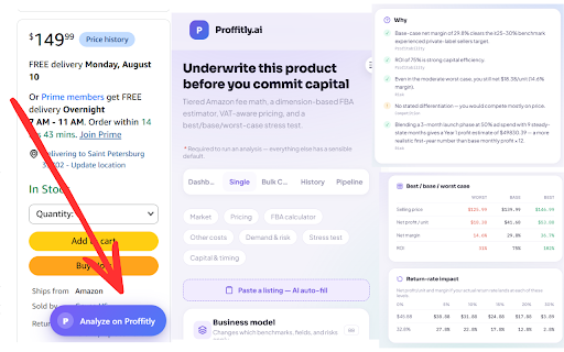 Proffitly for Amazon :: Capture an Amazon listing with one click and send it straight into Proffitly for instant sourcing analysis — no manual copy-paste.