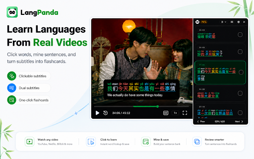 LangPanda :: Learn languages by watching content. Dictionary popup, word highlighting, and sentence mining to PandaMemory or Anki.