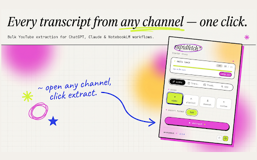 YouTube Bulk Transcripts for ChatGPT, Claude & NotebookLM | RapidFetch :: Bulk-export YouTube transcripts, video links, thumbnails & metadata for ChatGPT, Claude, NotebookLM. Free daily quota.