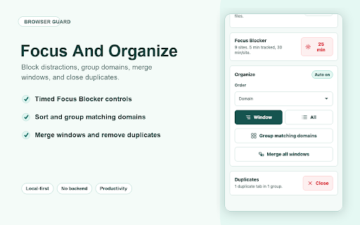 Browser Guard :: Tab cleanup, clean search, web capture, local screen recording, dark mode, media saving, audio boost, and focus blocking for Chrome.