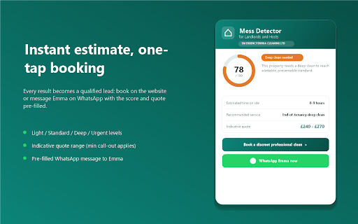 Mess Detector for Landlords - Emma Cleaning LTD :: Score any property's cleaning risk in seconds and get an instant estimate from Emergency Emma Cleaning LTD.
