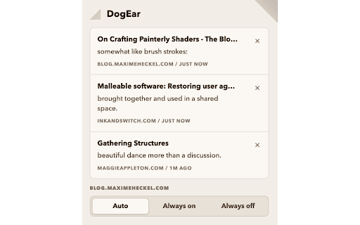 DogEar :: Save your exact reading position on long articles and jump back to it from the popup.
