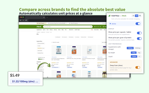 Unit Price for iHerb – Smart Value Comparison :: Brands define servings differently, so iHerb's per-serving prices aren't comparable. Get the true /100mg, /100g & /capsule price.