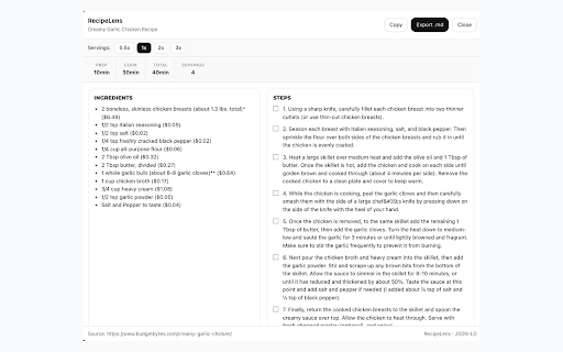RecipeLens :: Clean any recipe page instantly. Extract ingredients & steps, scale portions, view nutrition, and export to Markdown.
