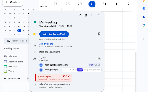 Why Is My Meeting So Expensive? :: Meeting cost for Google Calendar: see what each meeting costs from the hourly rates of the people invited.