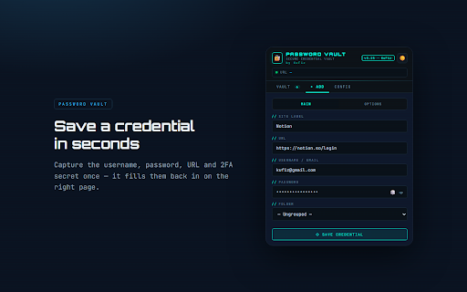 Password Vault :: Password manager for developers. Save, find and auto-fill logins by URL. Optional end-to-end encrypted cross-device sync.