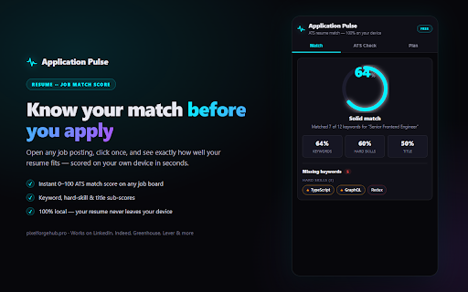 Application Pulse — Resume Matcher :: Score your resume against any job posting and see the exact keywords you're missing — privately, on your own device.