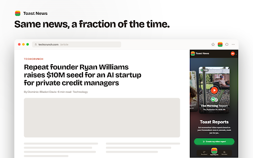 Toast News – Aggregate news into a summarised video report :: Toast News aggregates news and briefs them into video-reports from the sources you already trust — just faster to watch