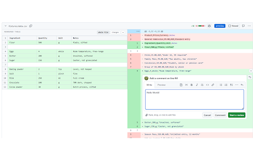 Hippo-critical :: Read and comment on rendered Markdown and CSV in a GitHub pull request.