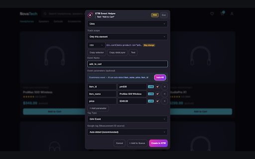 GTM Event Helper — GA4 & Meta Tag Creator :: Create GTM tags in seconds. Click any element, get smart CSS selectors, build GA4 & Meta tags via API. AI Wizard for bulk setup.