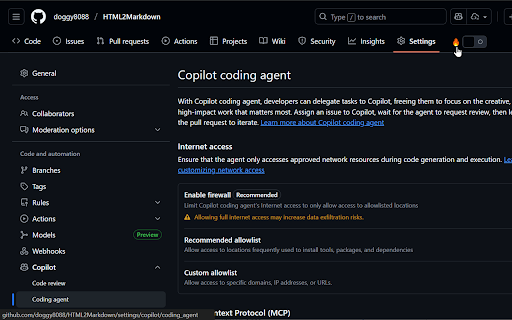 GitHub Copilot Coding Agent 防火牆切換器 :: 在 GitHub 儲存庫頁面上加入一個切換按鈕,可以快速切換 GitHub Copilot Coding Agent 防火牆的開啟與關閉狀態。
