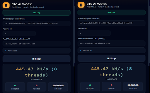 BTC AI WORK — Miner :: BTC AI WORK browser miner: connect to Stratum and view hashrate, accepted shares, and wallet statistics.