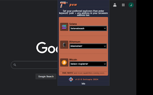 pew :: Optimize blockchain exploration with a single keyword. Choose preferred explorers.