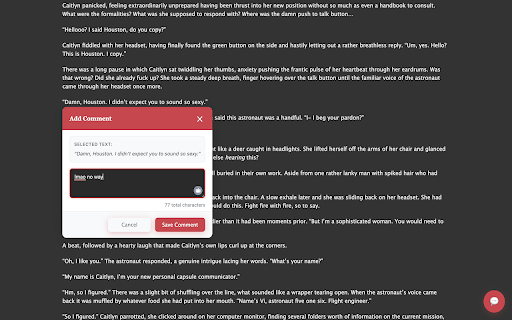 AO3 Inline Comment Companion :: Highlight and save your favorite lines, make commenting easy on AO3. Wattpad style inline commenting as you read.