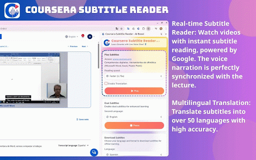 Coursera Subtitle Reader - AI Boost :: Boost Coursera learning with subtitles in many languages, live voice-over, and custom speed (0.75x-3.0x). Ideal for global students!