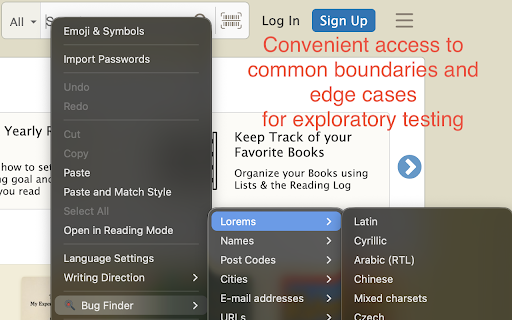 Bug Finder :: Right-click for a context menu to fill any field with useful test data