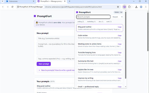 PromptFort: AI Prompt Manager :: Save, organize and reuse your best AI prompts — search, fill in variables, copy in one click. No tracking, works with every AI.