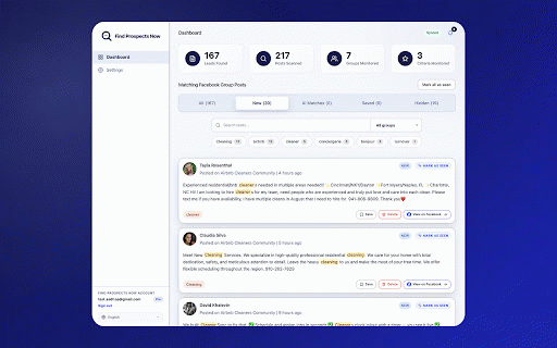 Find Prospects Now :: Monitor selected Facebook groups for posts matching your keywords or AI criteria, with browser and optional webhook alerts.