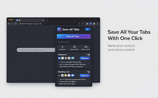 TabSaver Pro - Tab Manager & Session Saver :: Save all your tabs with one click. Organize sessions, search saved tabs, and restore anytime. Never lose your tabs again.