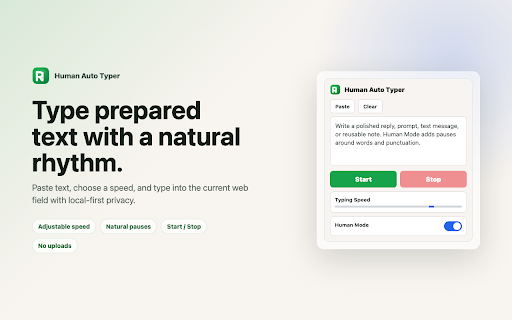 Human Auto Typer :: Type prepared text into page fields with adjustable speed and natural pauses.