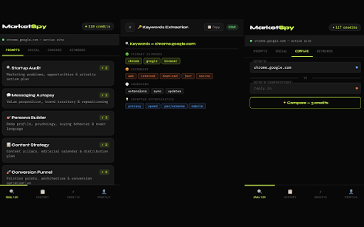 MarketSpy — AI Marketing Analyzer :: Analyze any website's marketing in one click. AI audit, competitor comparison, keywords & social content.