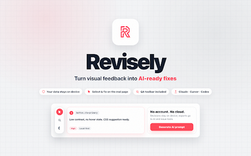 Revisely: Visual Feedback to AI Fixes :: Turn website feedback into AI-ready fixes. Annotate, edit CSS, export prompts and GitHub/Jira tickets for Cursor & Claude.