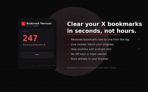 X Bookmark Remover :: Automatically removes all your bookmarks on X (Twitter), one by one.