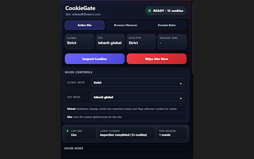 CookieGate :: Cookie inspection, banner suppression, and cleanup planning for browser privacy.