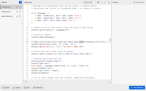 Offline JS Playground :: A simple playground to write, run, and test JavaScript snippets, with an in-UI console.