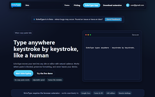 EchoType Human Keystroke Typer :: Lets you type text into any focused textbox inputs, textareas, rich editors, even Google Docs using realistic human keystrokes.