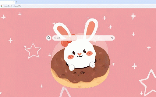 Cute Rabbit Kawaii Food Live Wallpaper :: Adorable white bunny with red bow sitting on chocolate donut with stars on pink background.