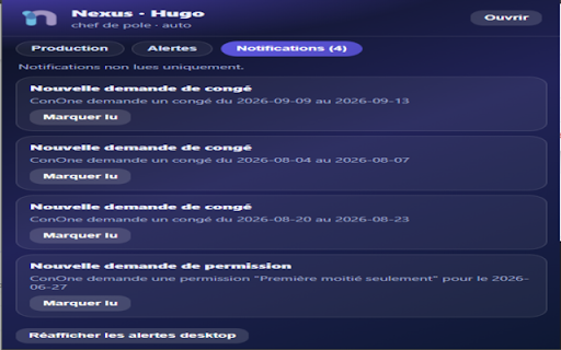 Nexus Notifier :: Notifications bureau et pointage pour les utilisateurs Nexus (Meleine / Provelia). Connexion Nexus requise.