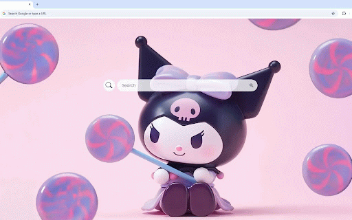 Kuromi Candy Live Wallpaper :: Adorable Kuromi with devil horns and bow holding candy wand surrounded by swirling lollipops.