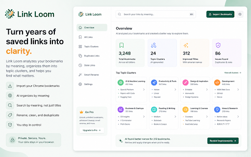 Link Loom :: Link Loom helps you turn years of saved links into a clear, searchable bookmark workspace.
Instead of manually sorting folders,…