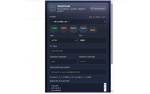 PROXYFAIR Proxy Switcher :: Switch HTTP/HTTPS/SOCKS proxies, manage profiles, and reduce WebRTC leaks — branded for PROXYFAIR.