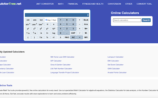 CalculatorFree – Free Online Calculators :: Quick access to 500+ free calculators at calculatorfree.net — math, finance, fitness, conversion & more.